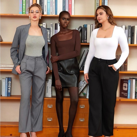 MANGOPOP Women's Square Neck Long Sleeve Bodysuit Tops XSmall - Picture 3 of 6